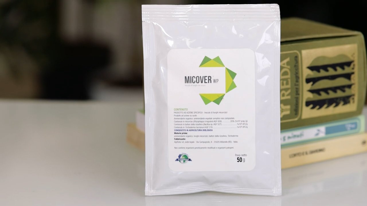 Pack of Micover WP, a mycorrhiza-based product, placed on a table with 3 books in the background